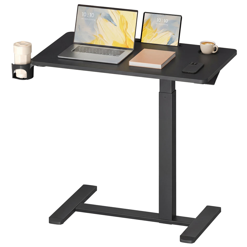Bijzettafel - Mobiel met Wielen en Bekerhouders - Zwart - 80 x 45 x (65-102) cm