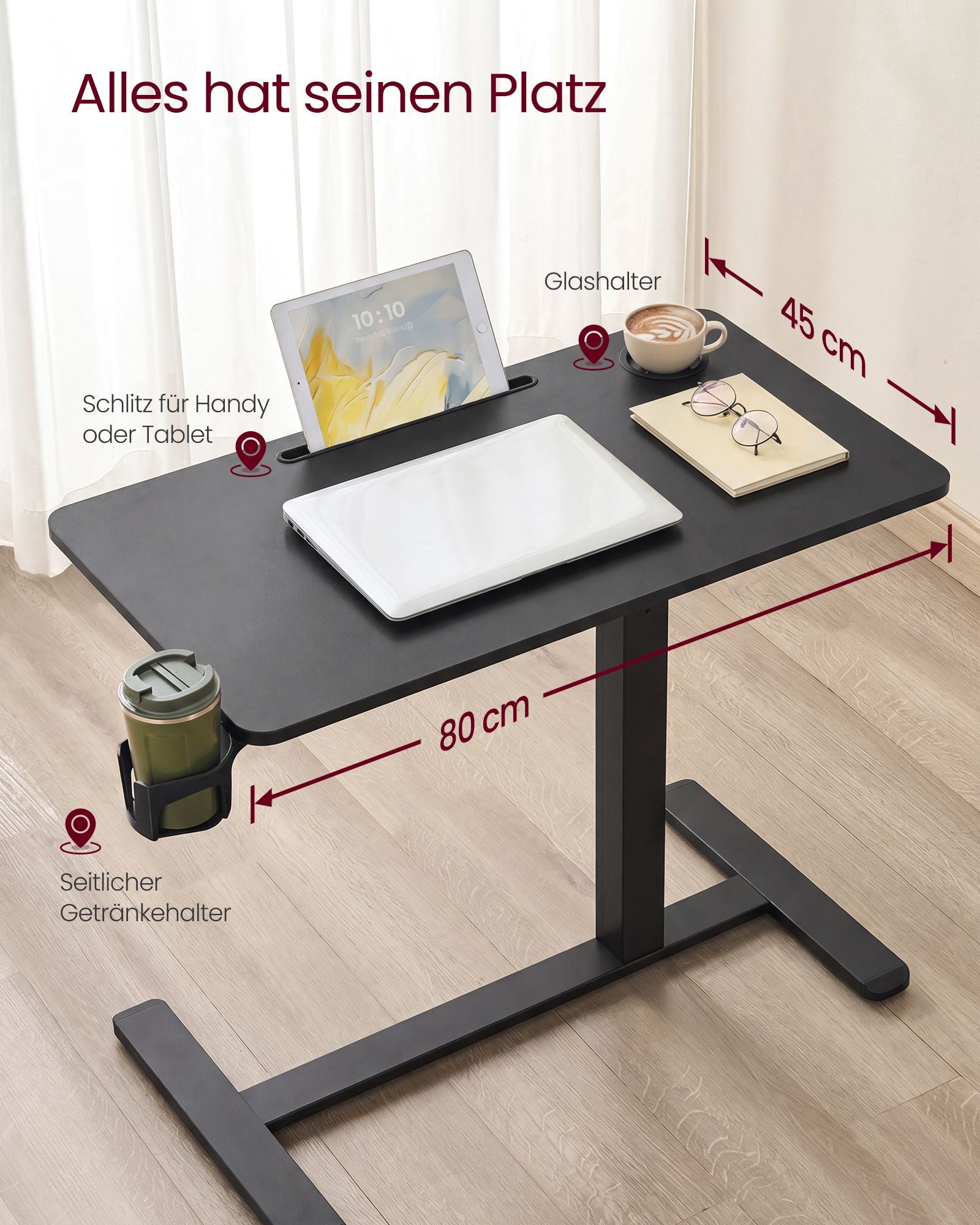 Bijzettafel - Mobiel met Wielen en Bekerhouders - Zwart - 80 x 45 x (65-102) cm