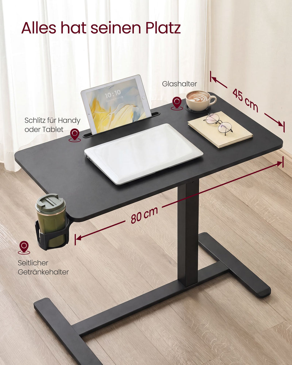 Bijzettafel - Mobiel met Wielen en Bekerhouders - Zwart - 80 x 45 x (65-102) cm