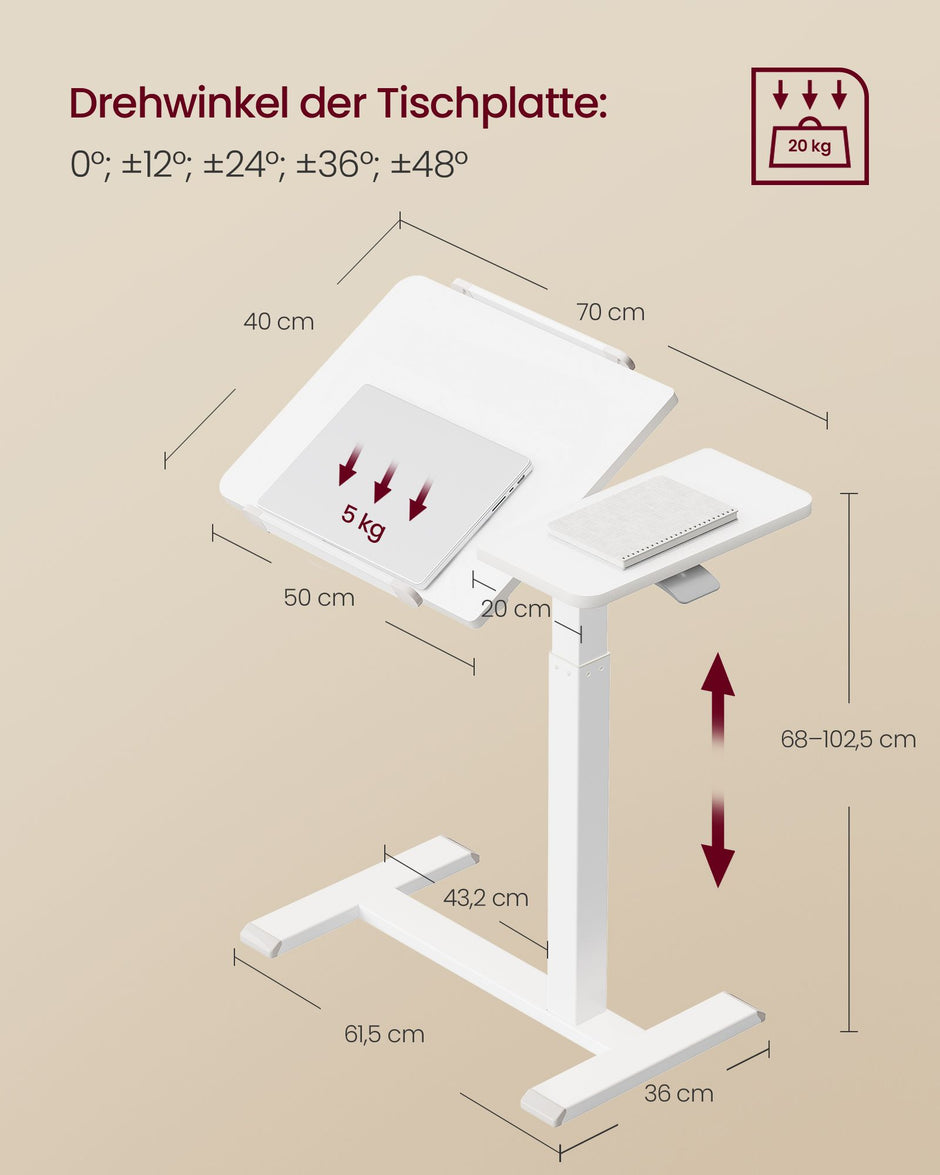 Laptoptafel op Wieltjes – Pneumatisch In Hoogte Verstelbaar – Kantelbaar – 70 x 40 cm – Wolkwit