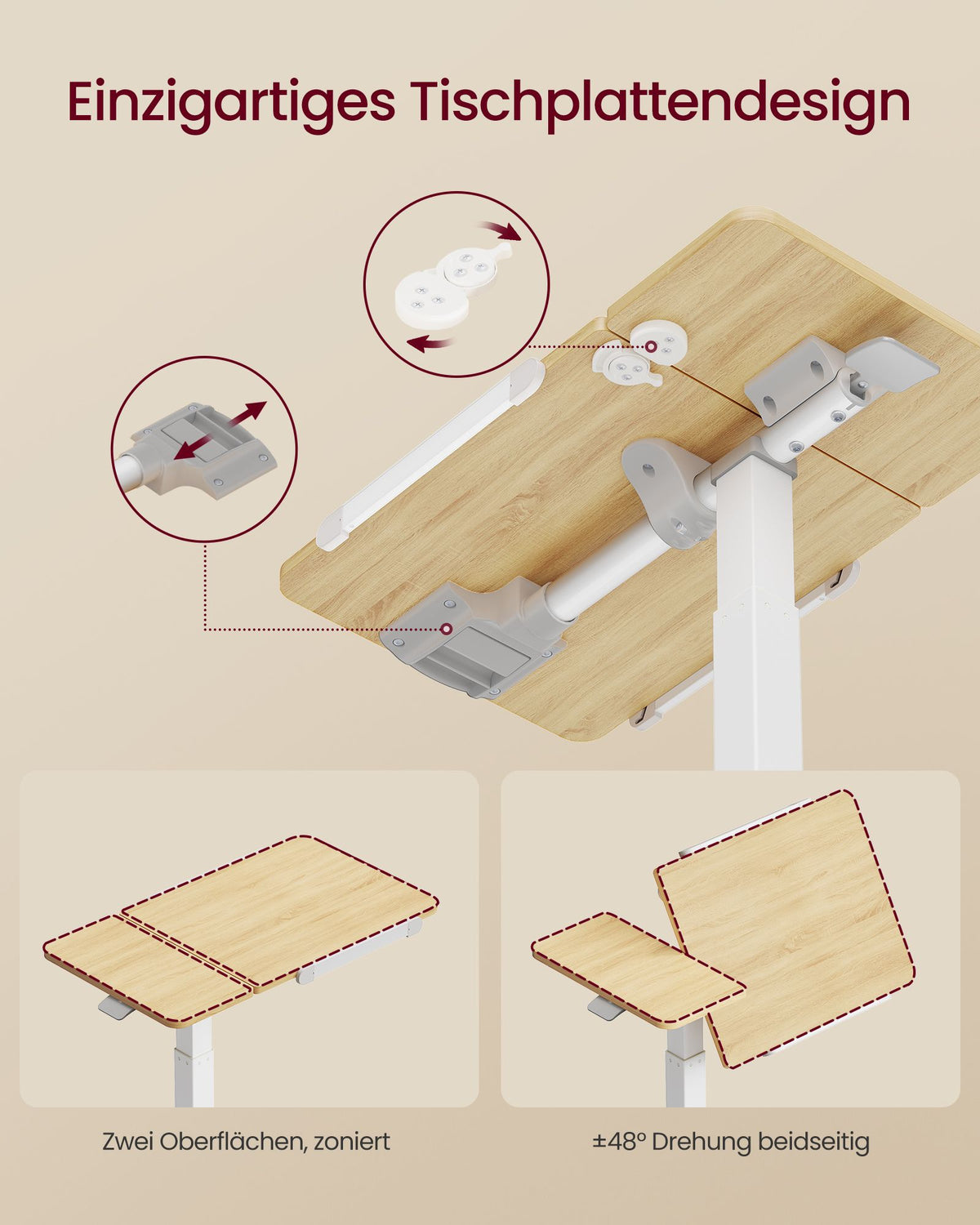 Laptoptafel op Wieltjes – Pneumatisch In Hoogte Verstelbaar – Kantelbaar – 70 x 40 cm – Eiken en Wit