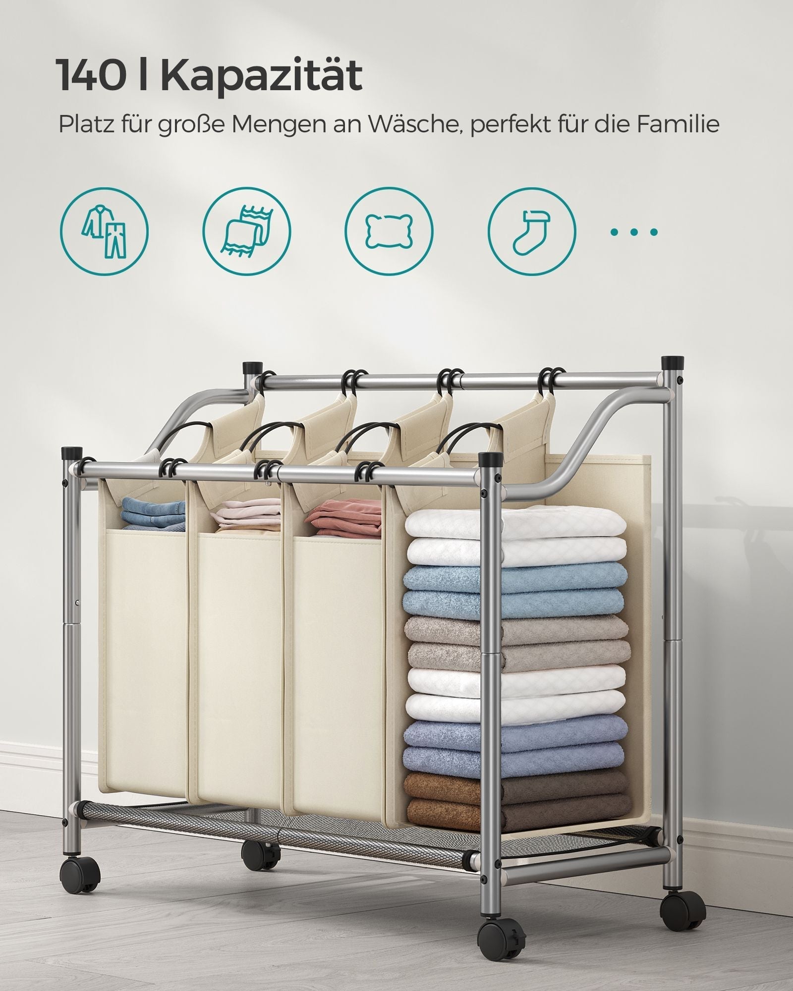 Tvättkorg på hjul - 4 tvättväskor - 4 x 35 liter - beige