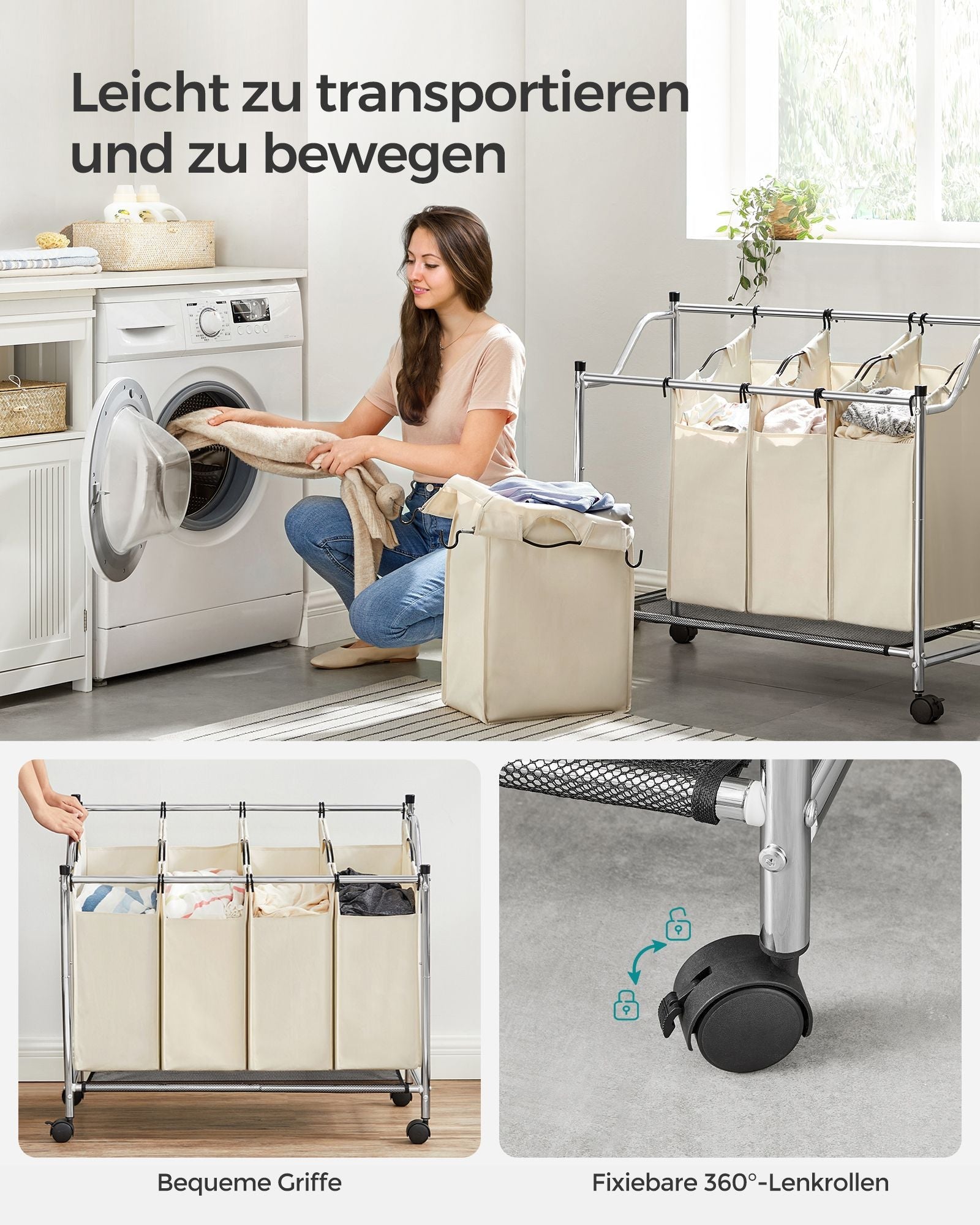 Tvättkorg på hjul - 4 tvättväskor - 4 x 35 liter - beige