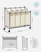 Tvättkorg på hjul - 4 tvättväskor - 4 x 35 liter - beige
