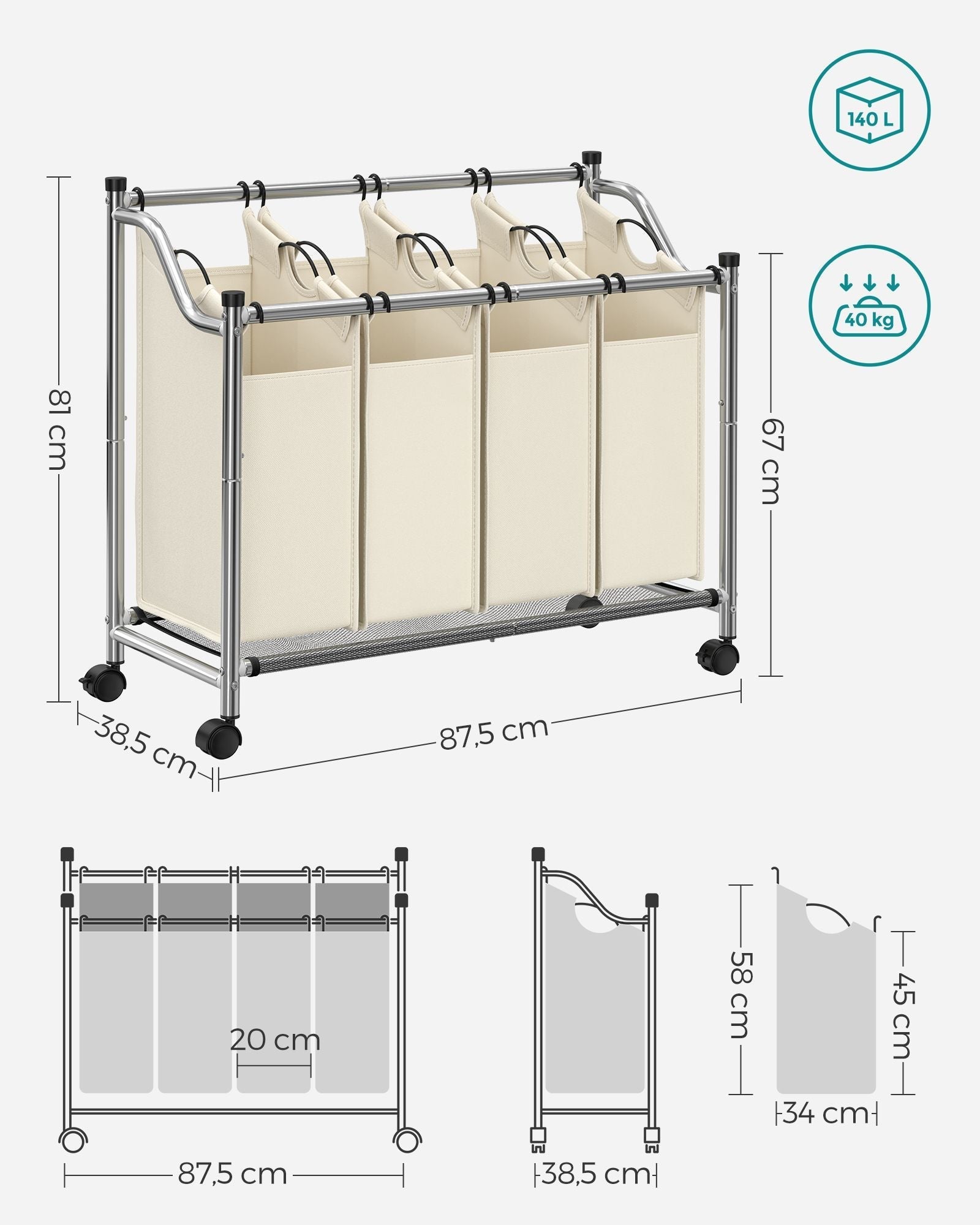 Tvättkorg på hjul - 4 tvättväskor - 4 x 35 liter - beige