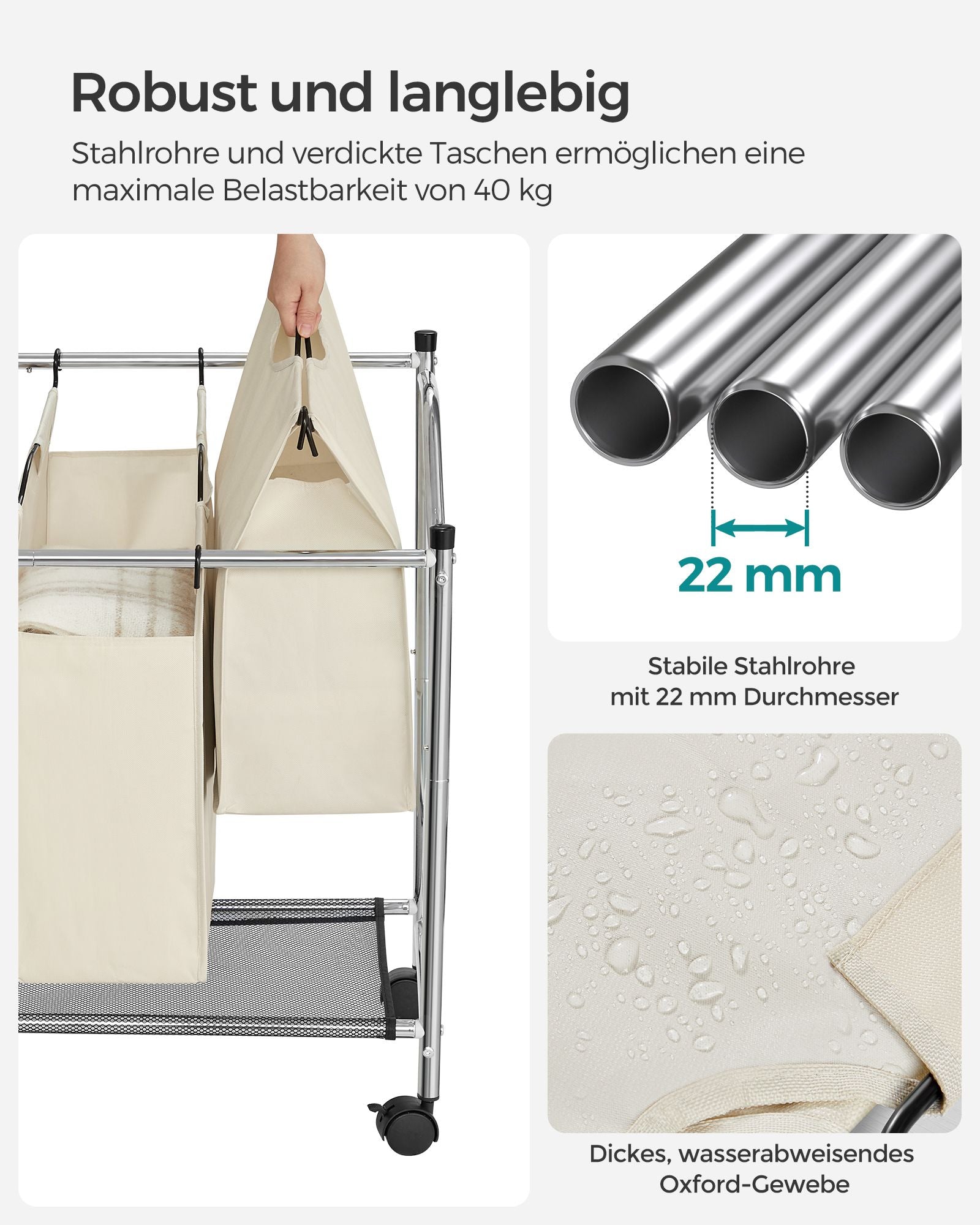 Tvättkorg på hjul - 4 tvättväskor - 4 x 35 liter - beige