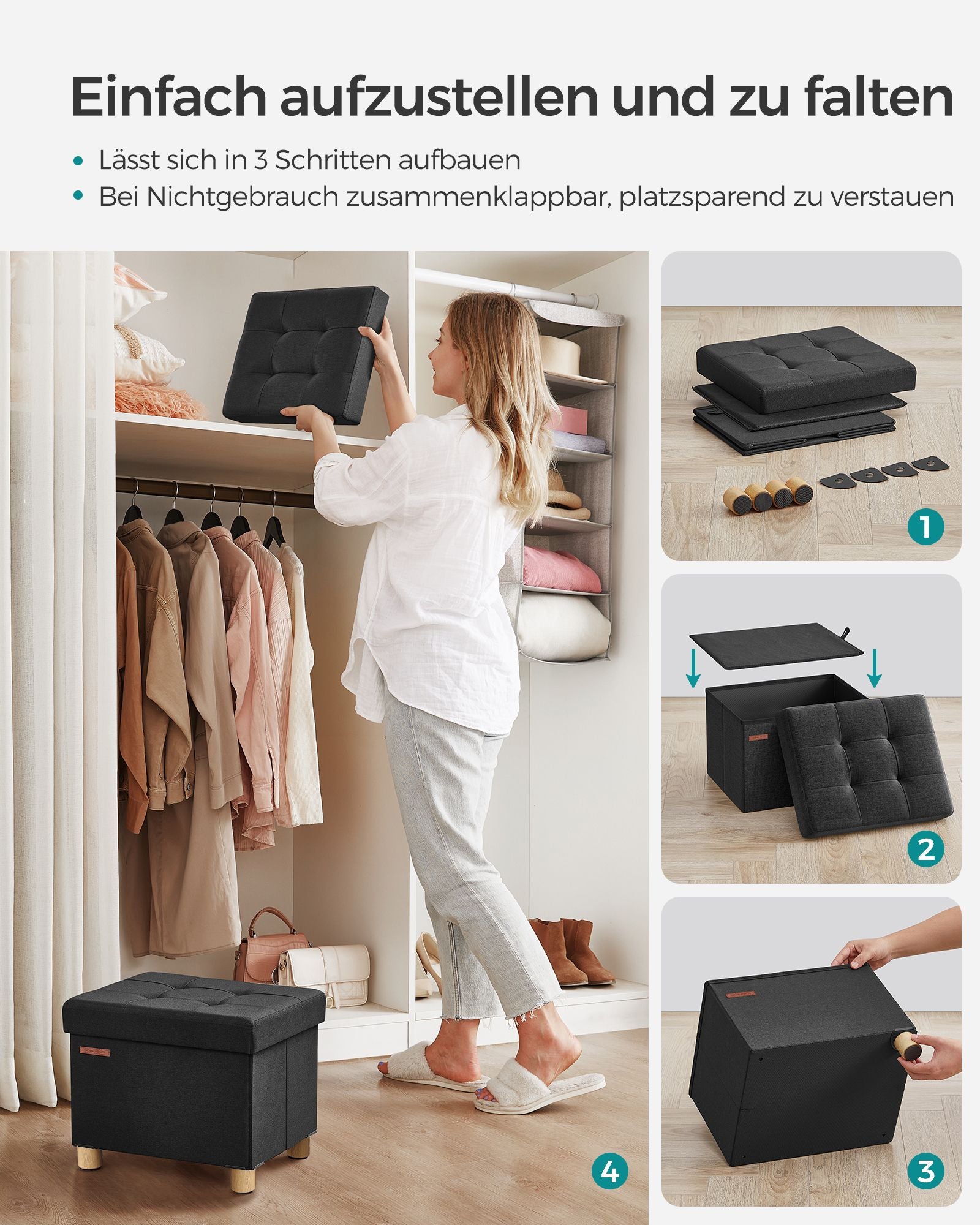 Bank - Foldbar - med lagringsutrymme - 32 × 40 × 33,5 cm - svart