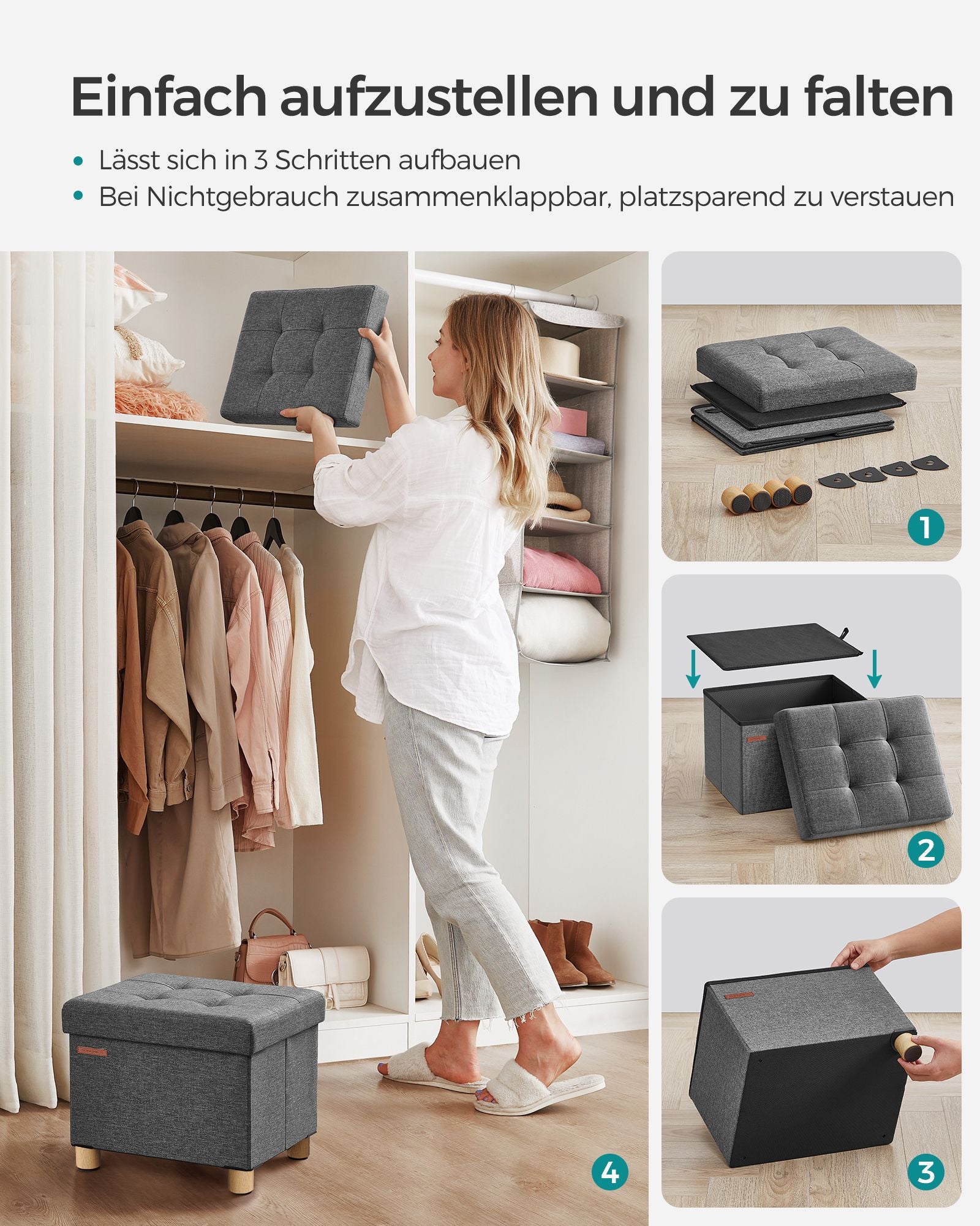 Bank - Foldbar - med lagringsutrymme - 32 × 40 × 33,5 cm - mörkgrå