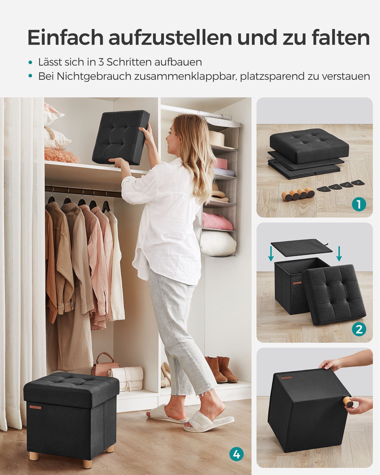 Bank - Foldbar - med lagringsutrymme - 38 × 38 × 40 cm - svart
