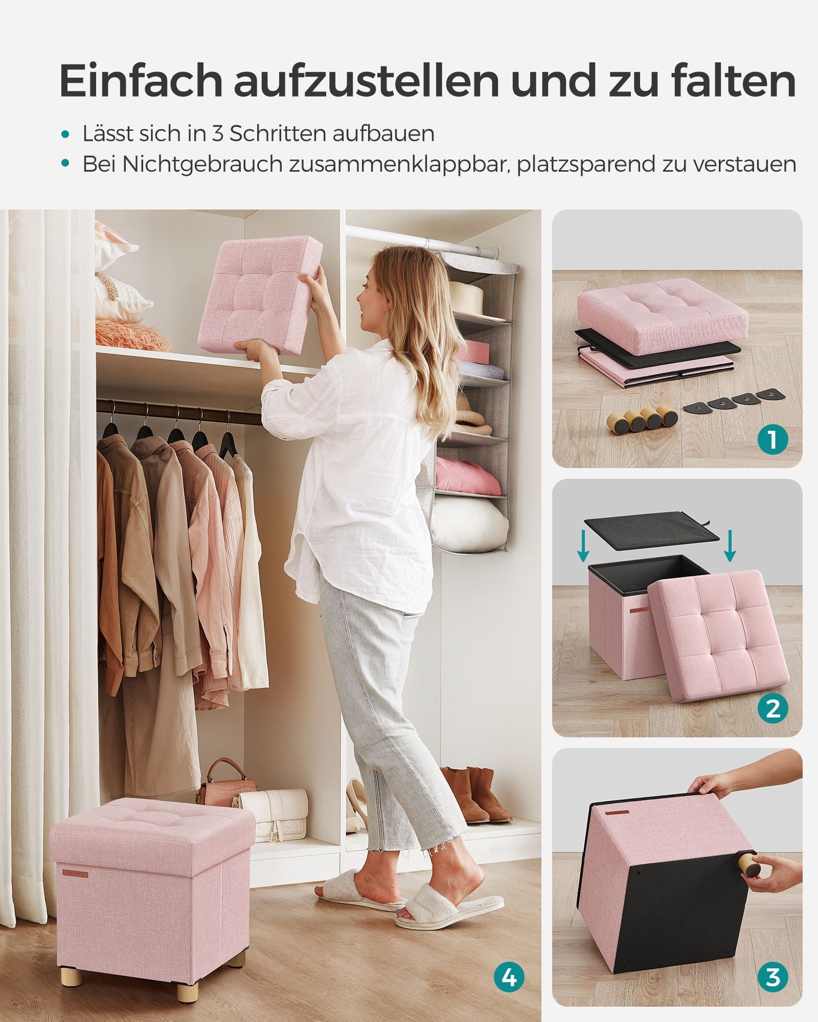 Bänk - vikning - med lagringsutrymme - 38 × 38 × 40 cm - pastellrosa