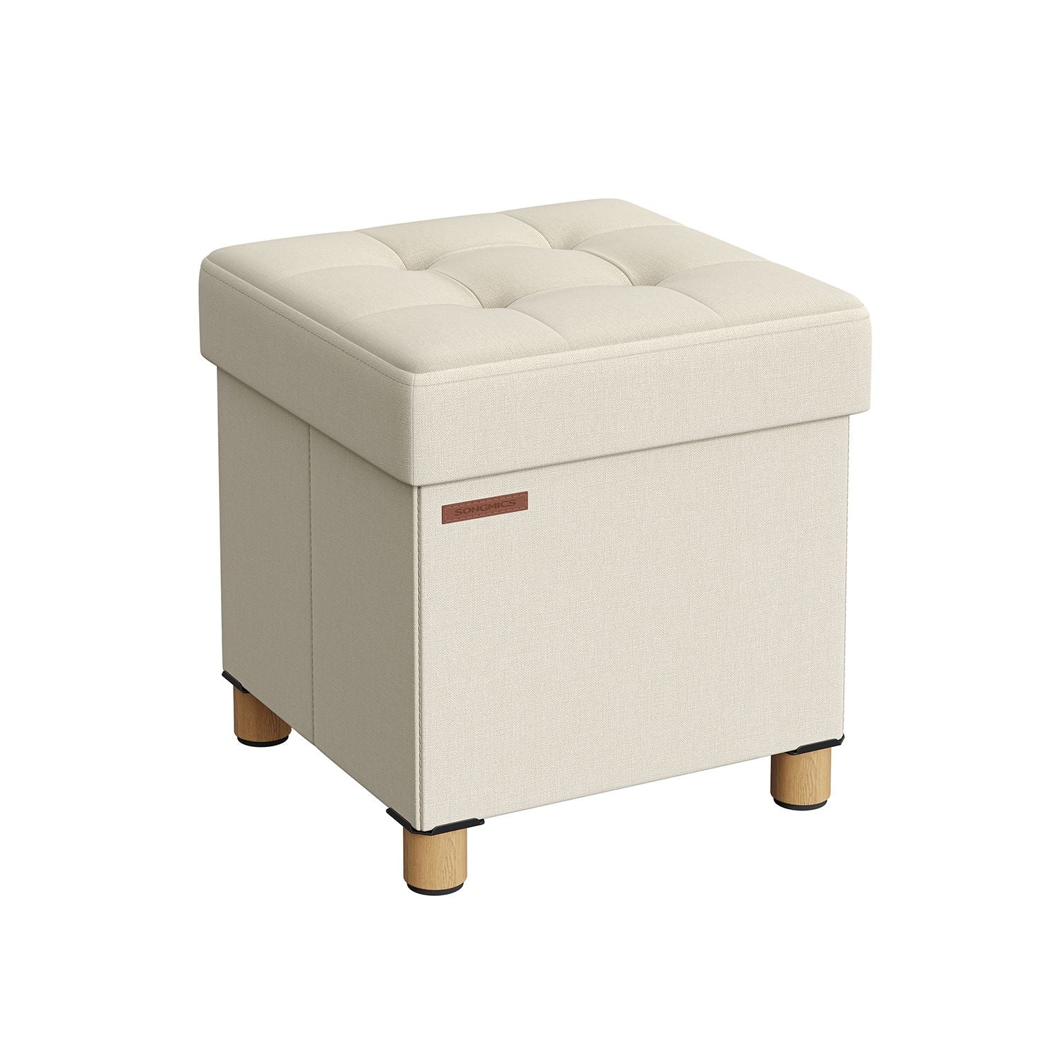 Pouf - med förvaringsutrymme - träben - säteslåda - beige