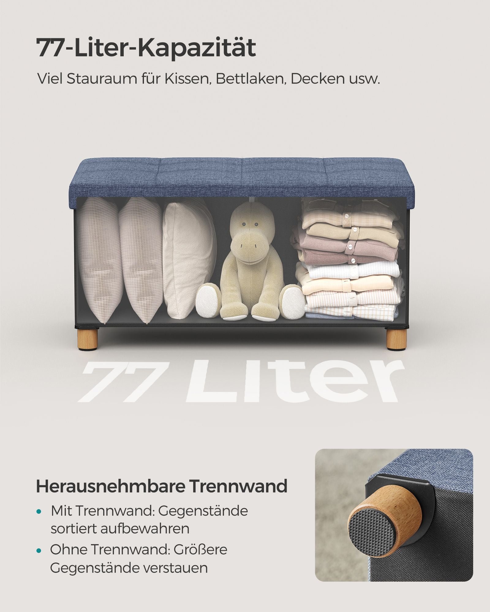 Bank - Foldbar - med lagringsutrymme - 38 × 76 × 40 cm - Lätt denimblå