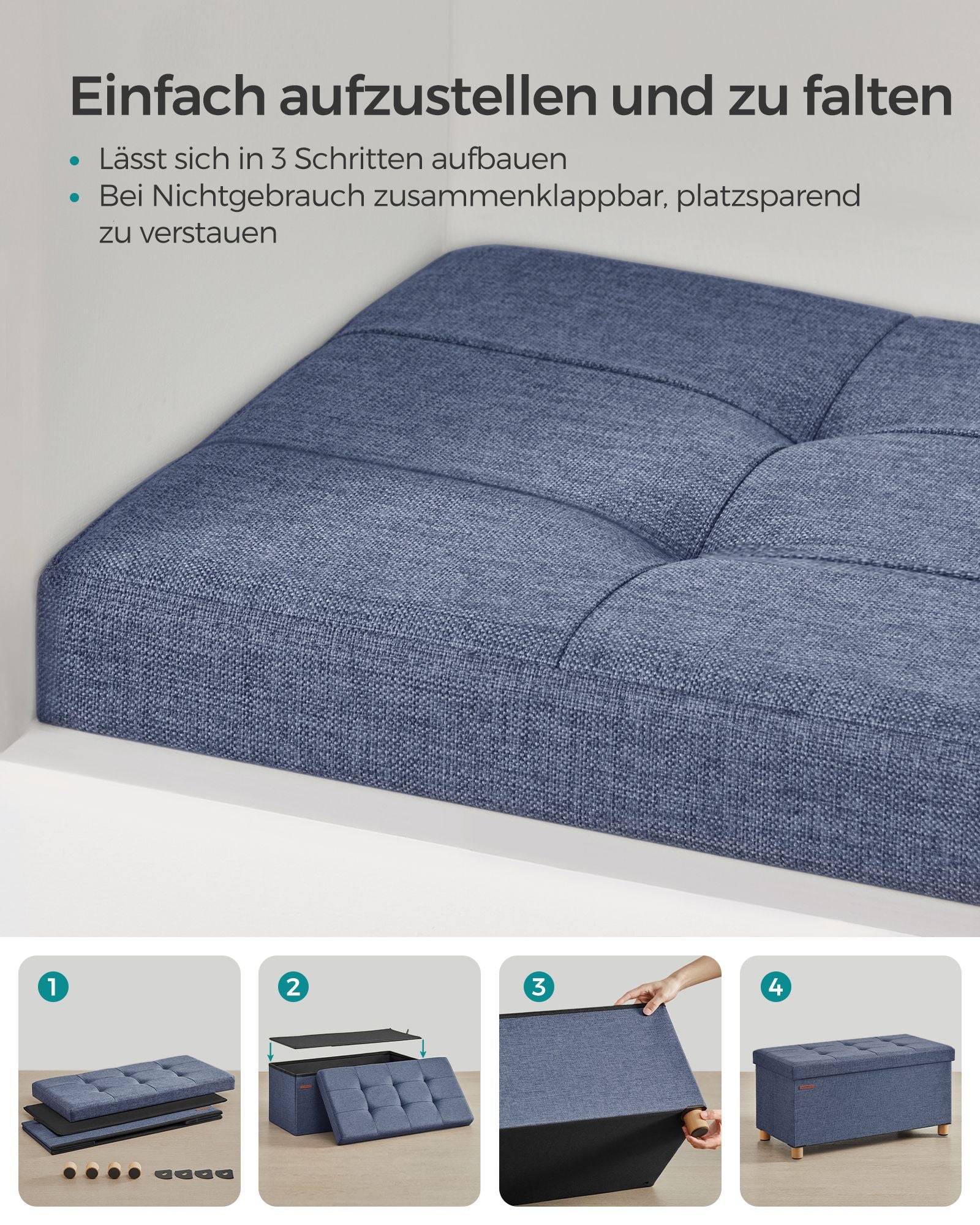 Bank - Foldbar - med lagringsutrymme - 38 × 76 × 40 cm - Lätt denimblå