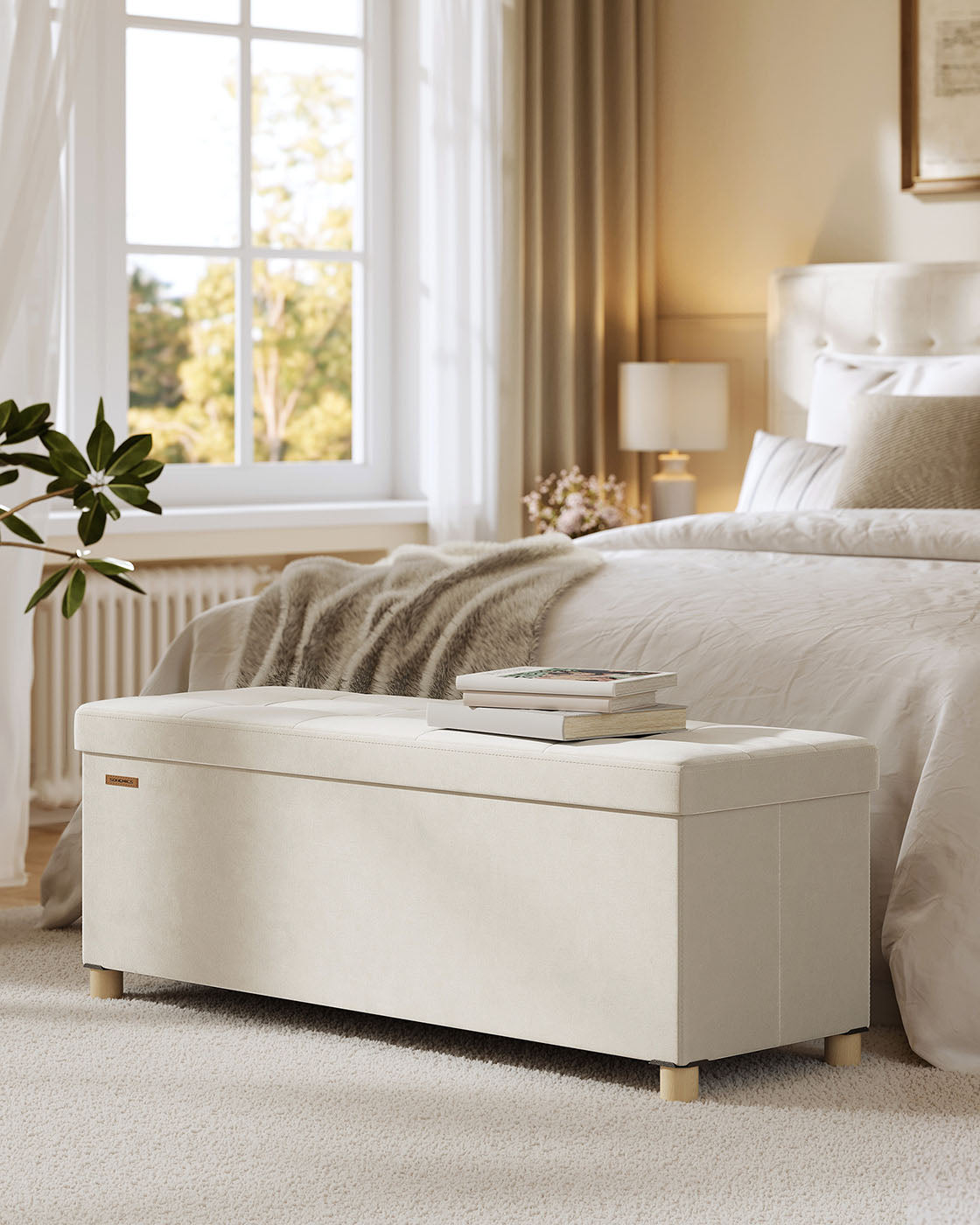 Lagringsbänk med lock - 110x38x40 cm - fotbank 112L - beige