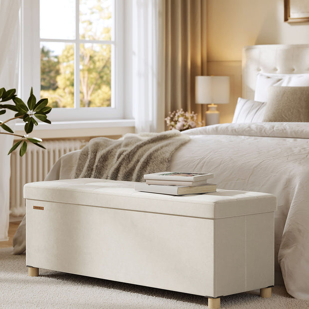 Förvaringsbänk med lock – Rymligt förvaringsutrymme – Sammet – Beige