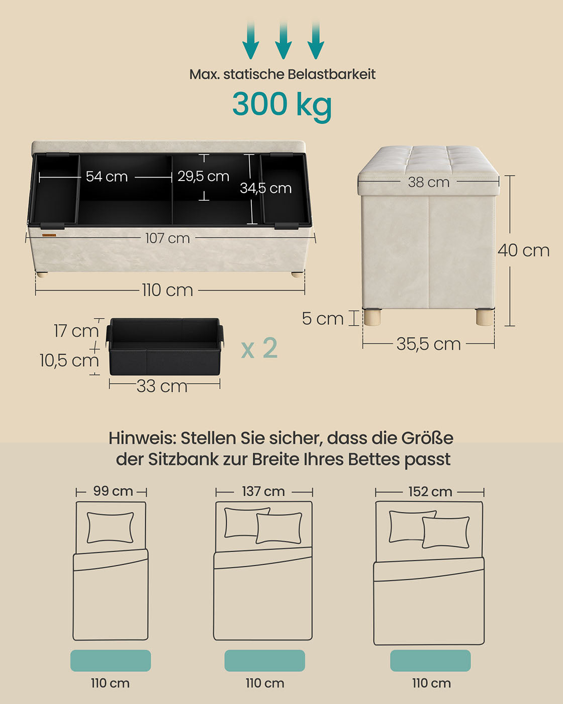 Lagringsbänk med lock - 110x38x40 cm - fotbank 112L - beige