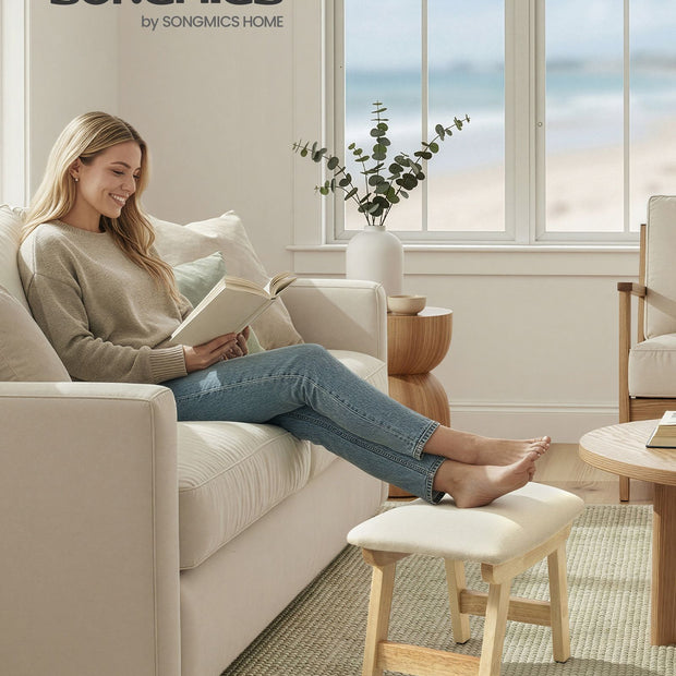 Zitbankje – Houten Poten – Linnenlook – Voetenbank voor Hal of Slaapkamer – Beige
