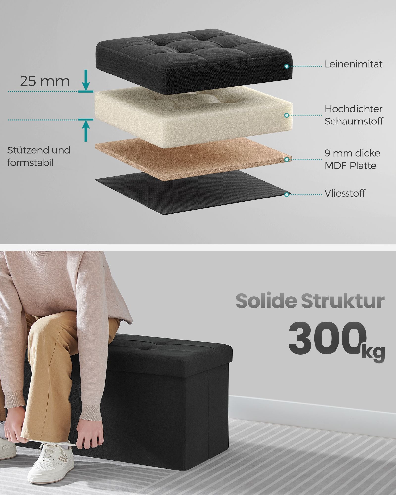 Soffa - med lagringsutrymme - 38 × 110 × 38 cm - bläck -svart