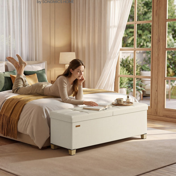 Opbergbank - 110 cm - Scharnierend Deksel - Linnenlook - Lichtbeige