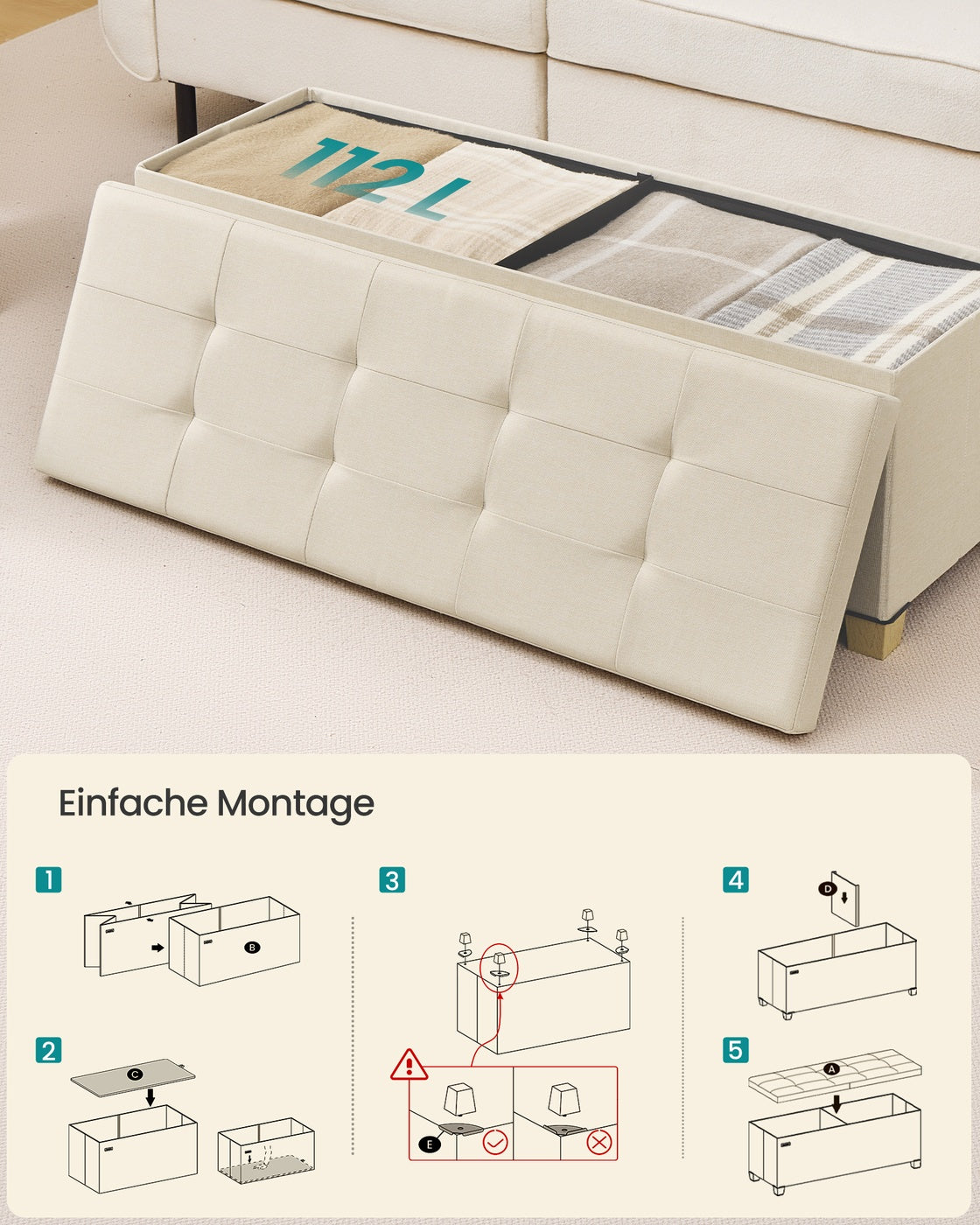 Opbergbank - 110 cm - Scharnierend Deksel - Linnenlook - Lichtbeige