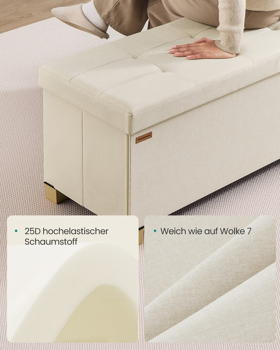 Opbergbank - 110 cm - Scharnierend Deksel - Linnenlook - Lichtbeige