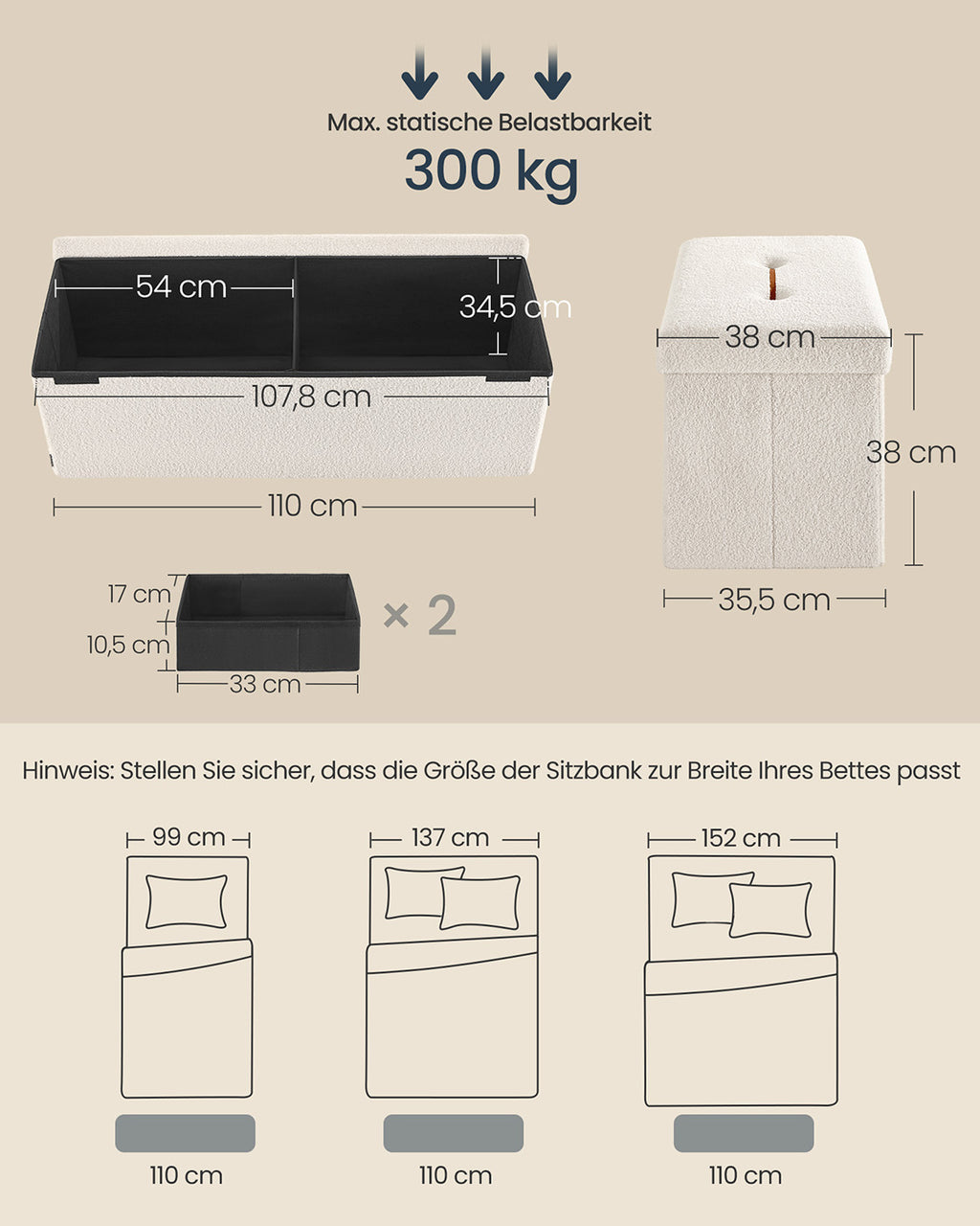Avföring med förvaringsutrymme 38 x 110 x 38 cm gräddevit
