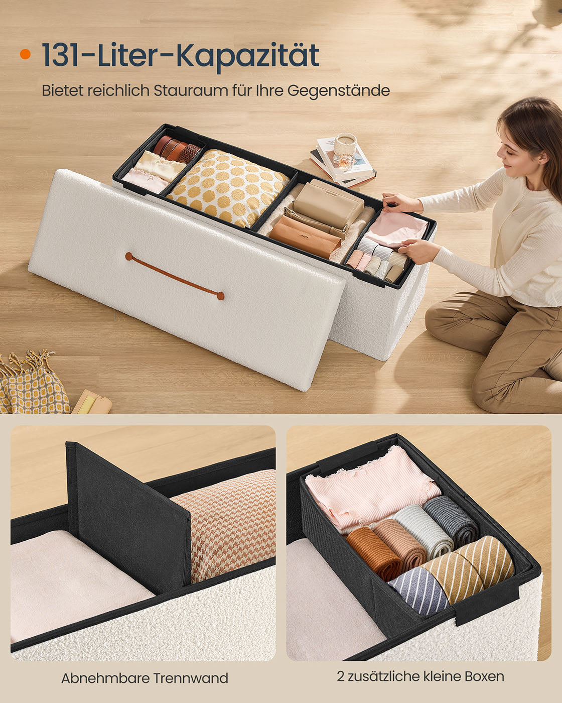 Pall med förvaringsutrymme - 300 kg lastkapacitet - krämvit