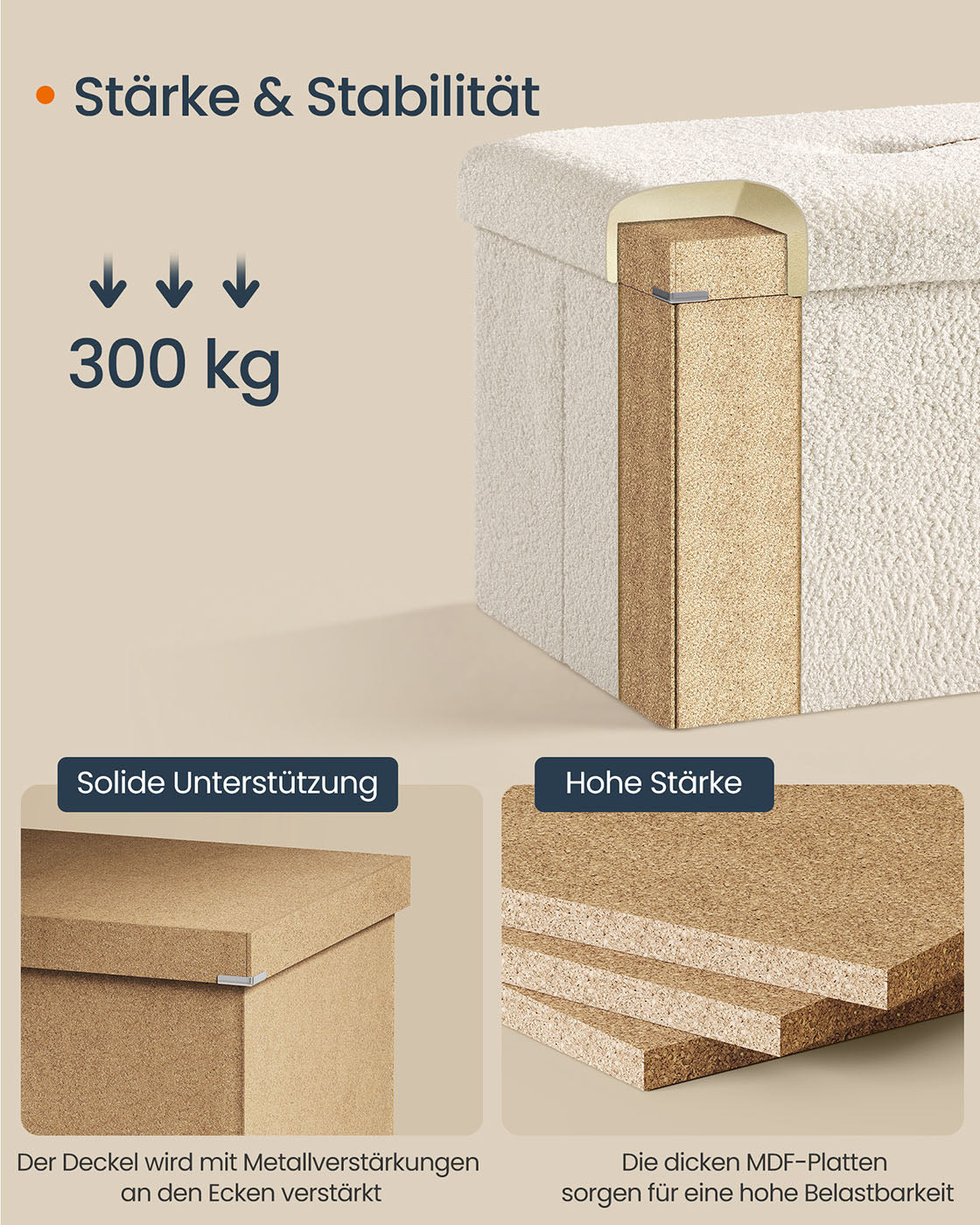 Pall med förvaringsutrymme - 300 kg lastkapacitet - krämvit