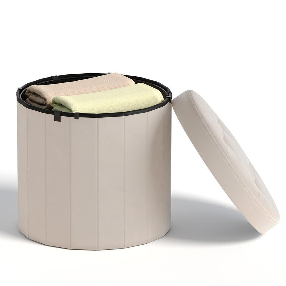 Poef - Rond - Met Opbergruimte - Afneembaar Deksel - Cappuccino Beige