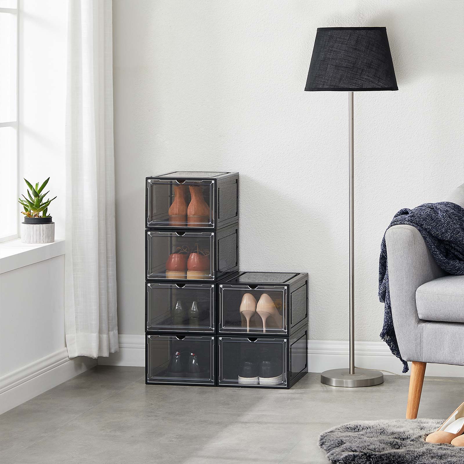 Skokartonger – Stapelbar plastförvaring – Transparent/Svart