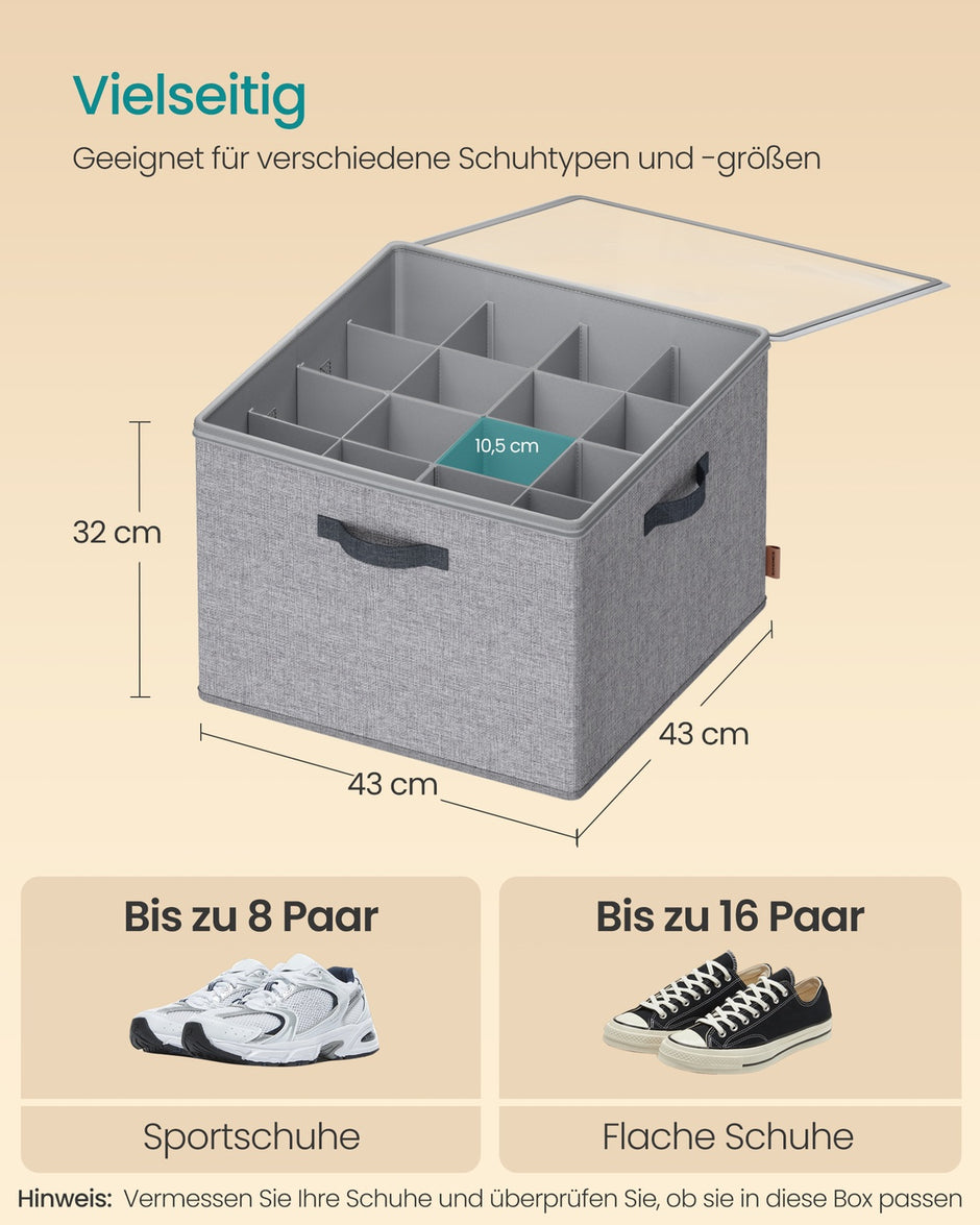 Schoenorganizer - 43 x 43 x 32 cm - voor maximaal 16 paar schoenen - verstelbare tussenschotten - stapelbaar - kleur: duifgrijs - maximum capaciteit: 18 kg