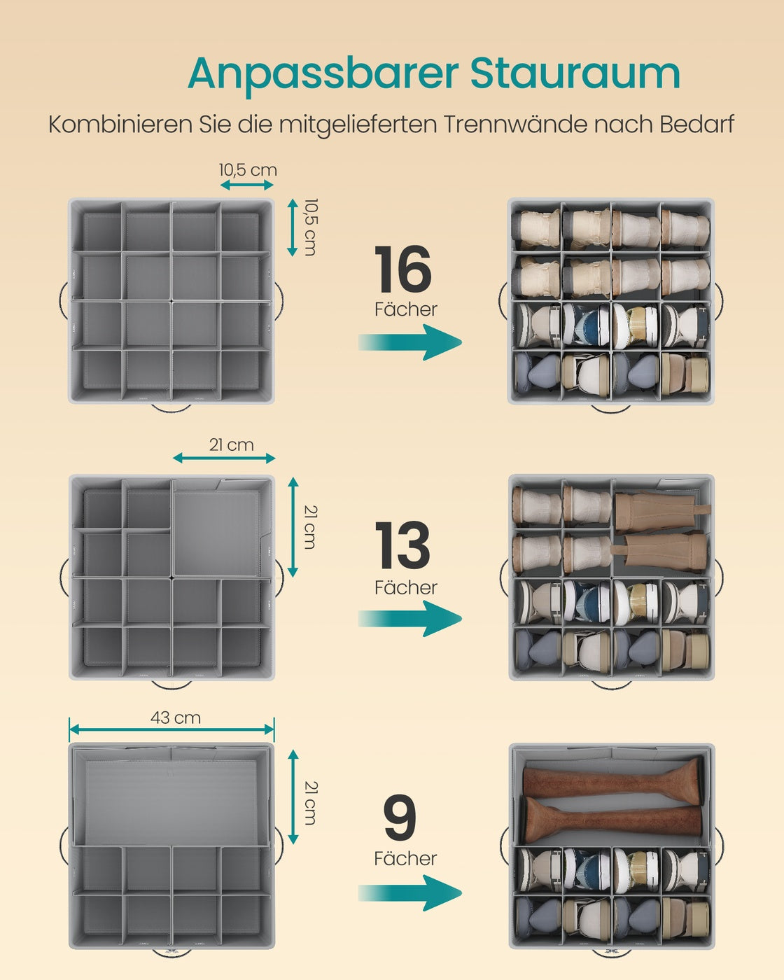 Schoenorganizer - 43 x 43 x 32 cm - tot 16 paar schoenen - verstelbare tussenschotten - duifgrijs - maximaal 18 kg per organizer
