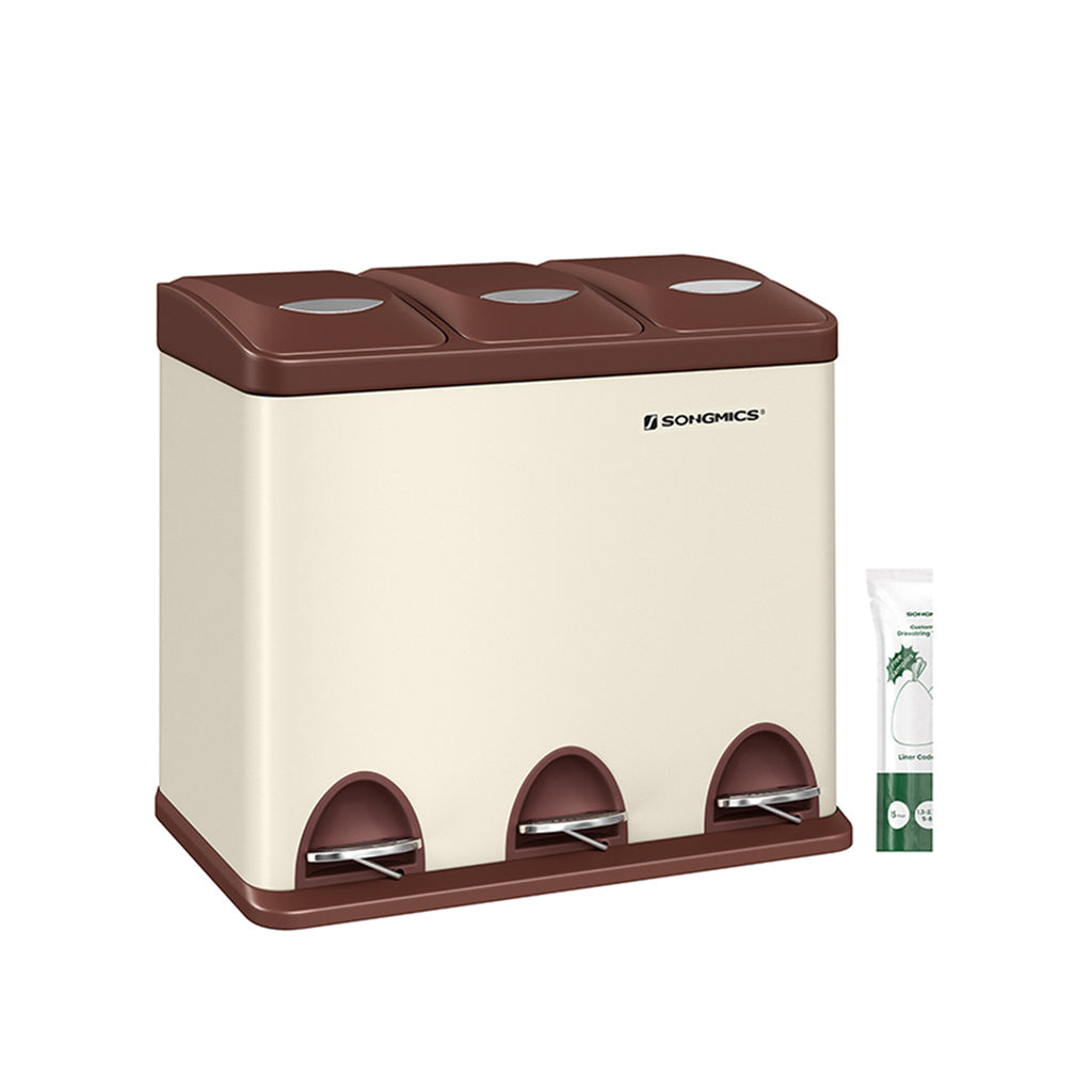 Skräp bin-3 × 8 liter-med lock och inre hink-crème-vit & brun