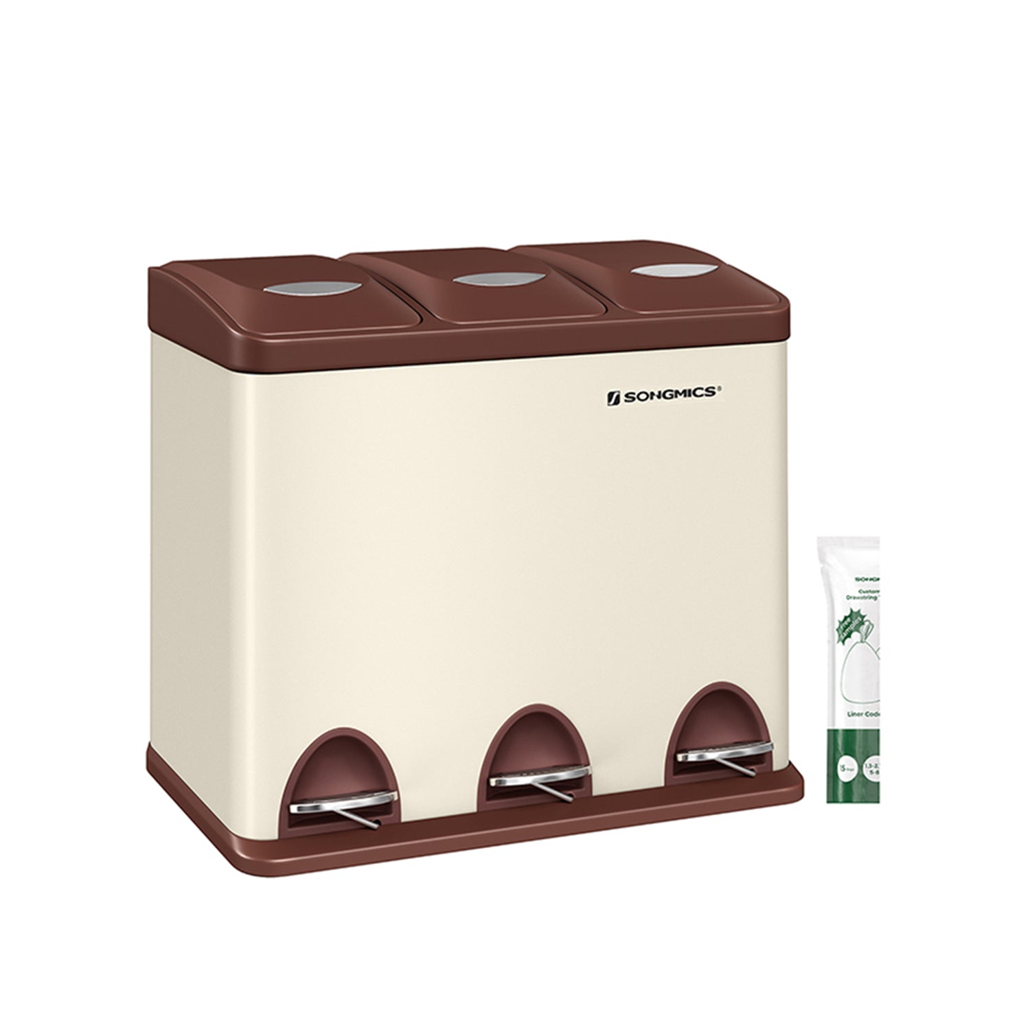 Skräp bin-3 × 8 liter-med lock och inre hink-crème-vit & brun