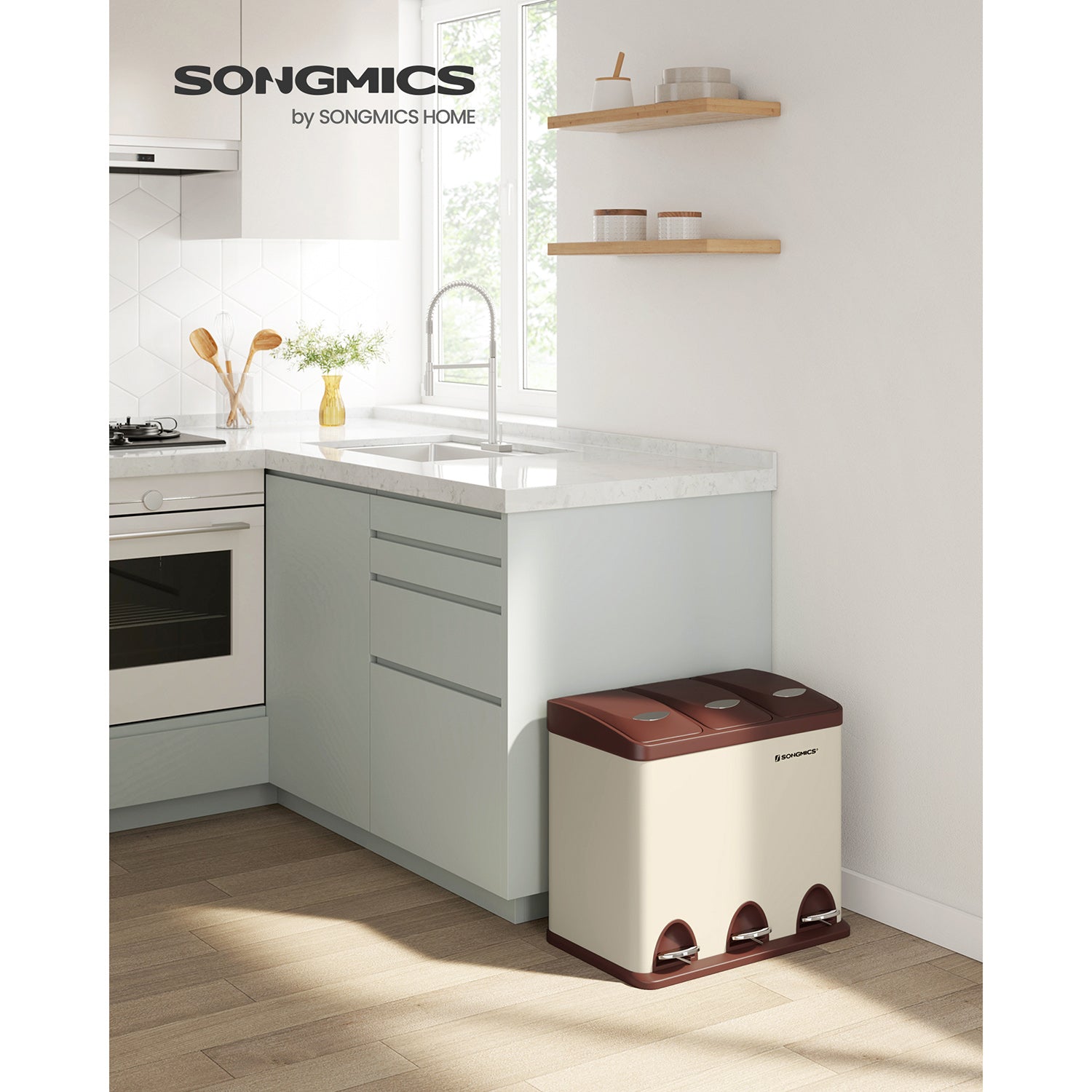 Skräp bin-3 × 8 liter-med lock och inre hink-crème-vit & brun