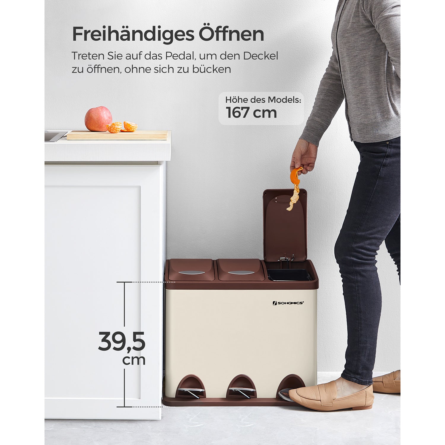 Sopkärl – 3 x 8 liter – med lock – gräddvit & brun