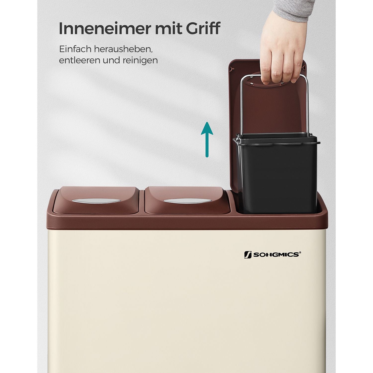 Skräp bin-3 × 8 liter-med lock och inre hink-crème-vit & brun