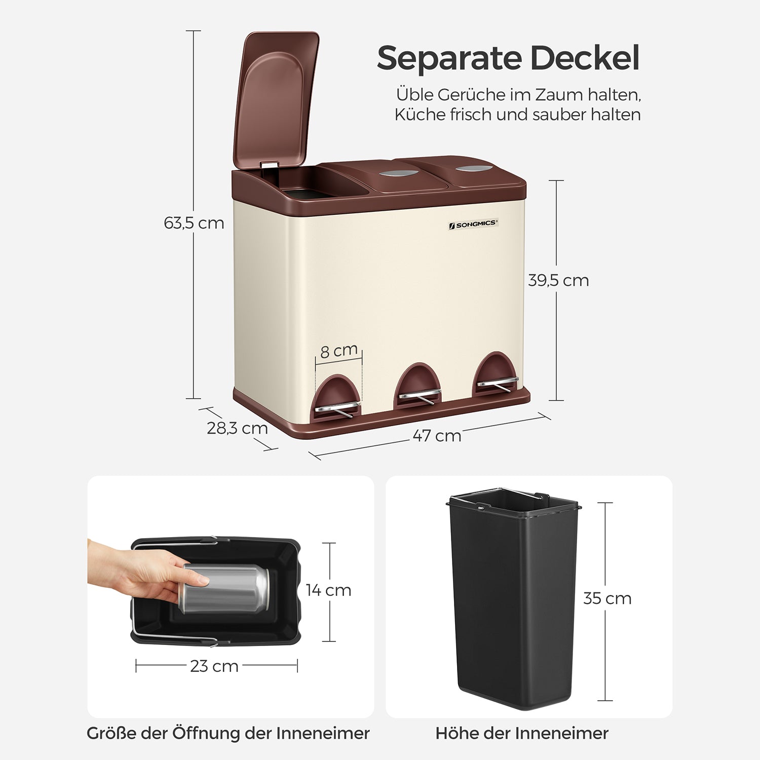 Skräp bin-3 × 8 liter-med lock och inre hink-crème-vit & brun