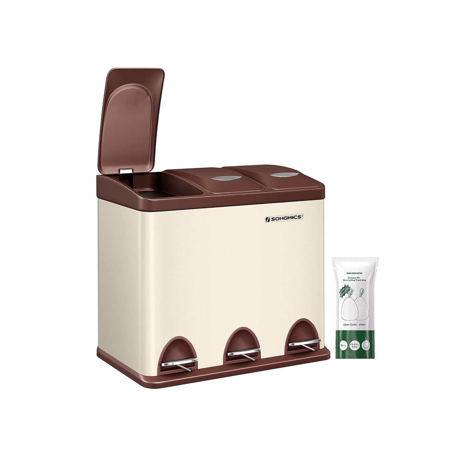 Skräp bin-3 × 8 liter-med lock och inre hink-crème-vit & brun