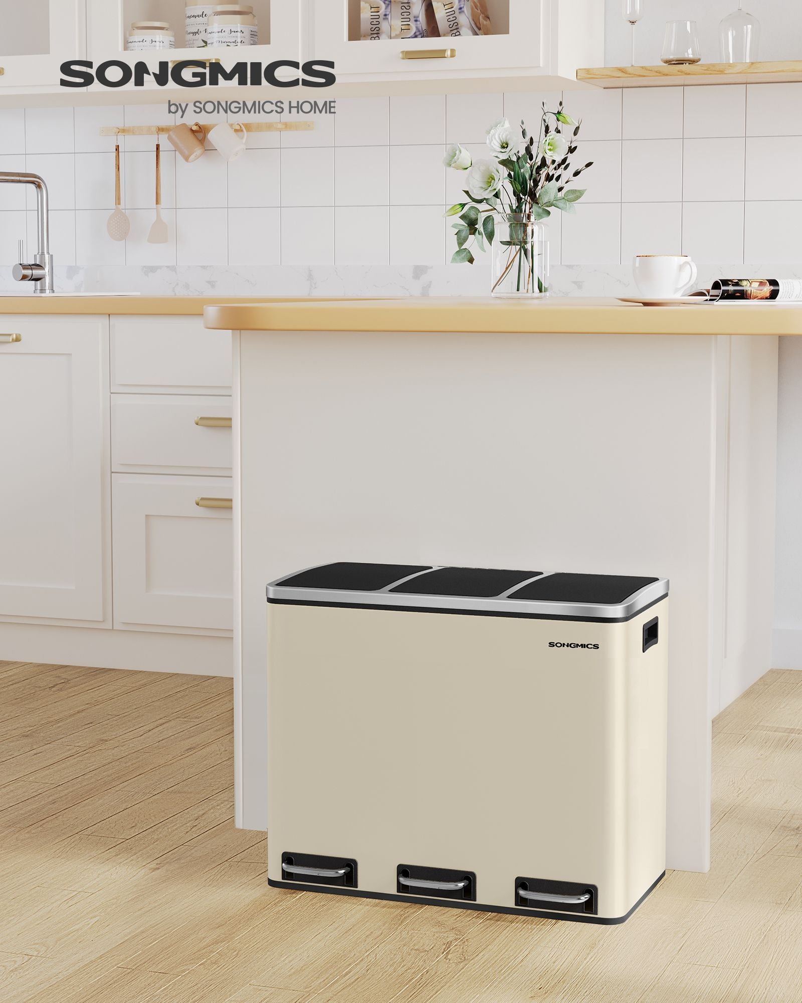 Avfallsseparationssystem - 3 fack - 3 × 18 L - med en sand beige lock