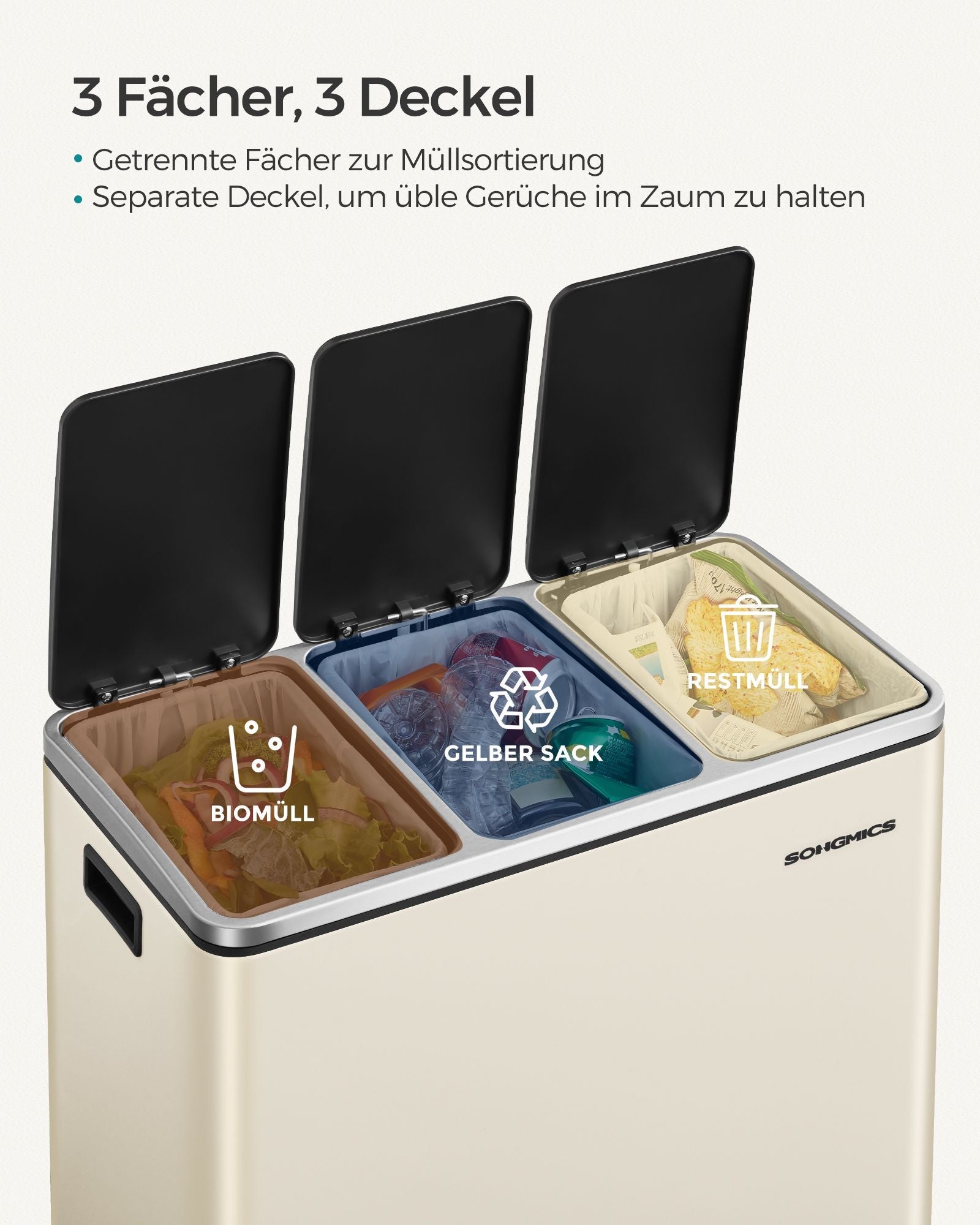 Sopor - avfallsseparation - 3 inre hinkar - 54 liter - silver