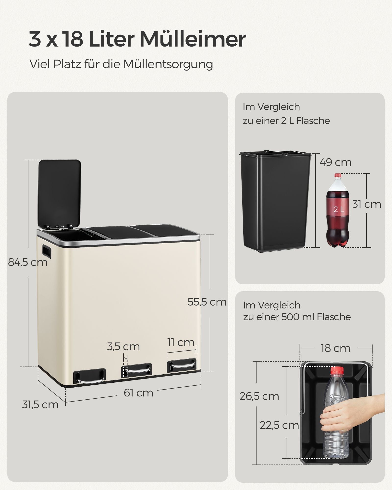 Avfallsseparationssystem - 3 fack - 3 × 18 L - med en sand beige lock