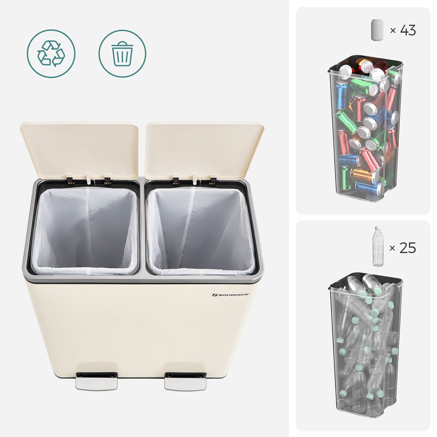 Sopkärl – 2 x 30 liter – med lock och innerhink – krämvit