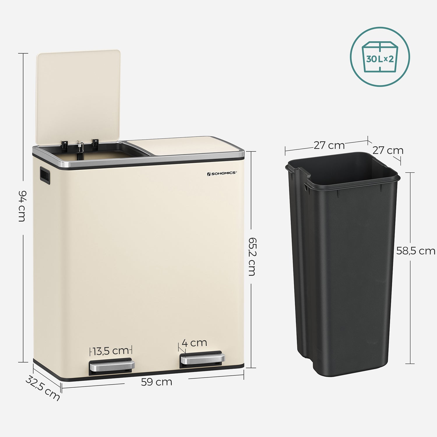 Skräpfack - 2 x 30 liter - med lock och inre hink - crème vit