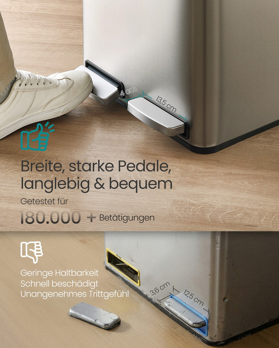Afvalbak - 41,8 x 35,3 x 45,5 cm - 2 x 15 liter - Pedaalafvalbak met 2 compartimenten - Soft-close deksel - Roestvrij staal - Zilver