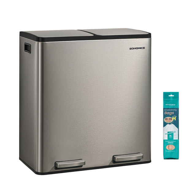 Keukenafvalbak - 59,1 x 36,5 x 62,7 cm - 2 compartimenten - 2 x 30 liter - Roestvrij staal - Zilver