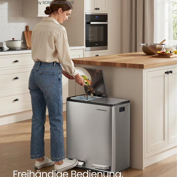 Keukenafvalbak - 59,1 x 36,5 x 62,7 cm - 2 compartimenten - 2 x 30 liter - Roestvrij staal - Zilver