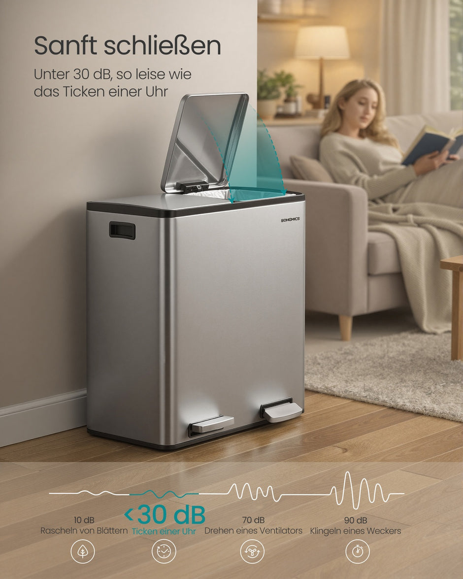 Keukenafvalbak - 59,1 x 36,5 x 62,7 cm - 2 compartimenten - 2 x 30 liter - Roestvrij staal - Zilver