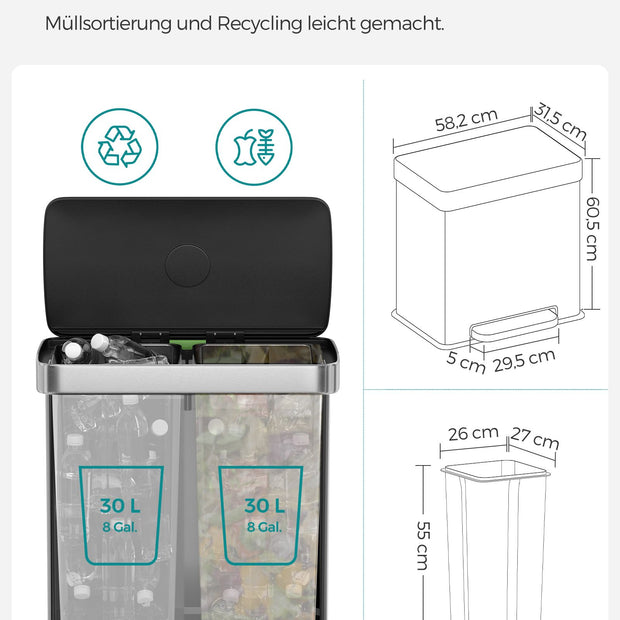 Kökssoptunna – med soft close och 2 fack – silver