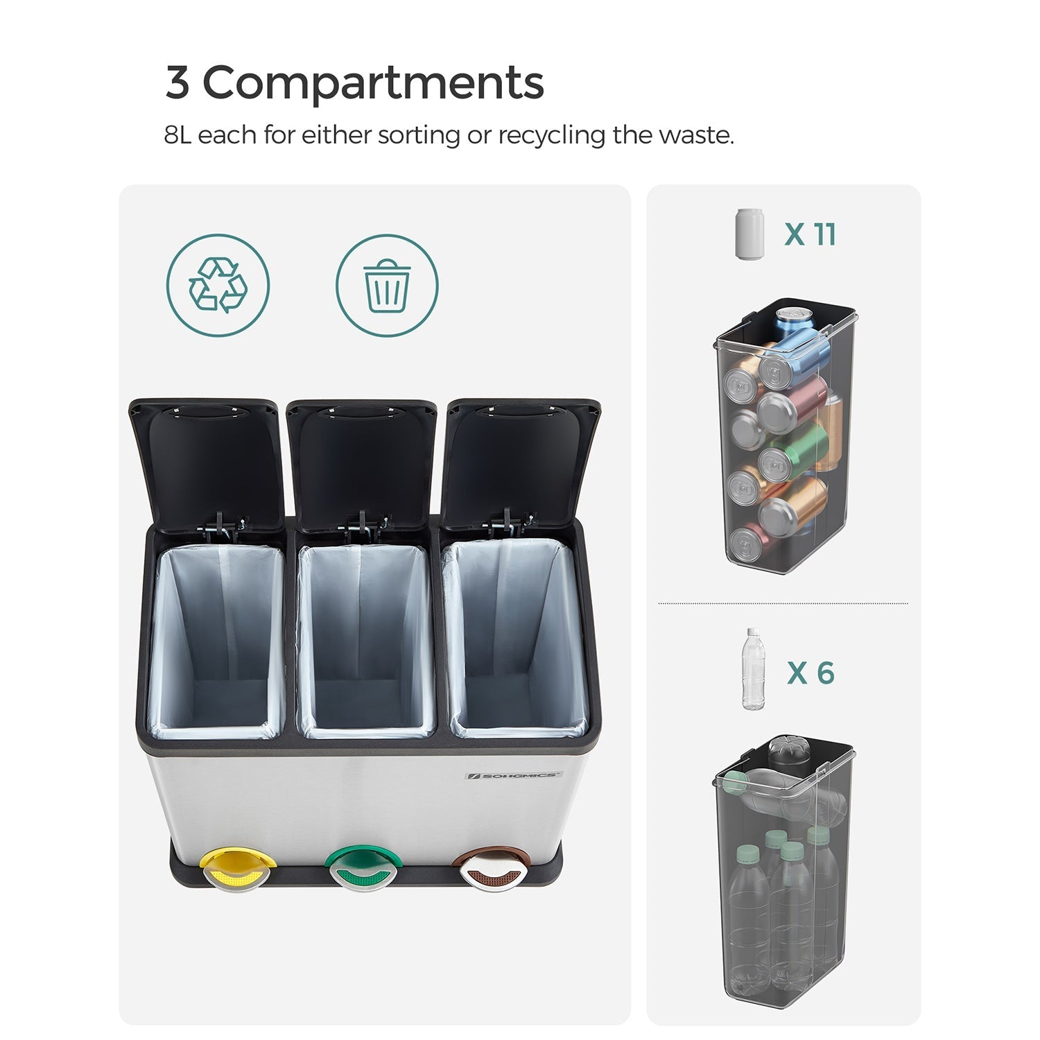 Avfallsseparation Spridande bin-pedal bin-24 liter-3-in-1-silver